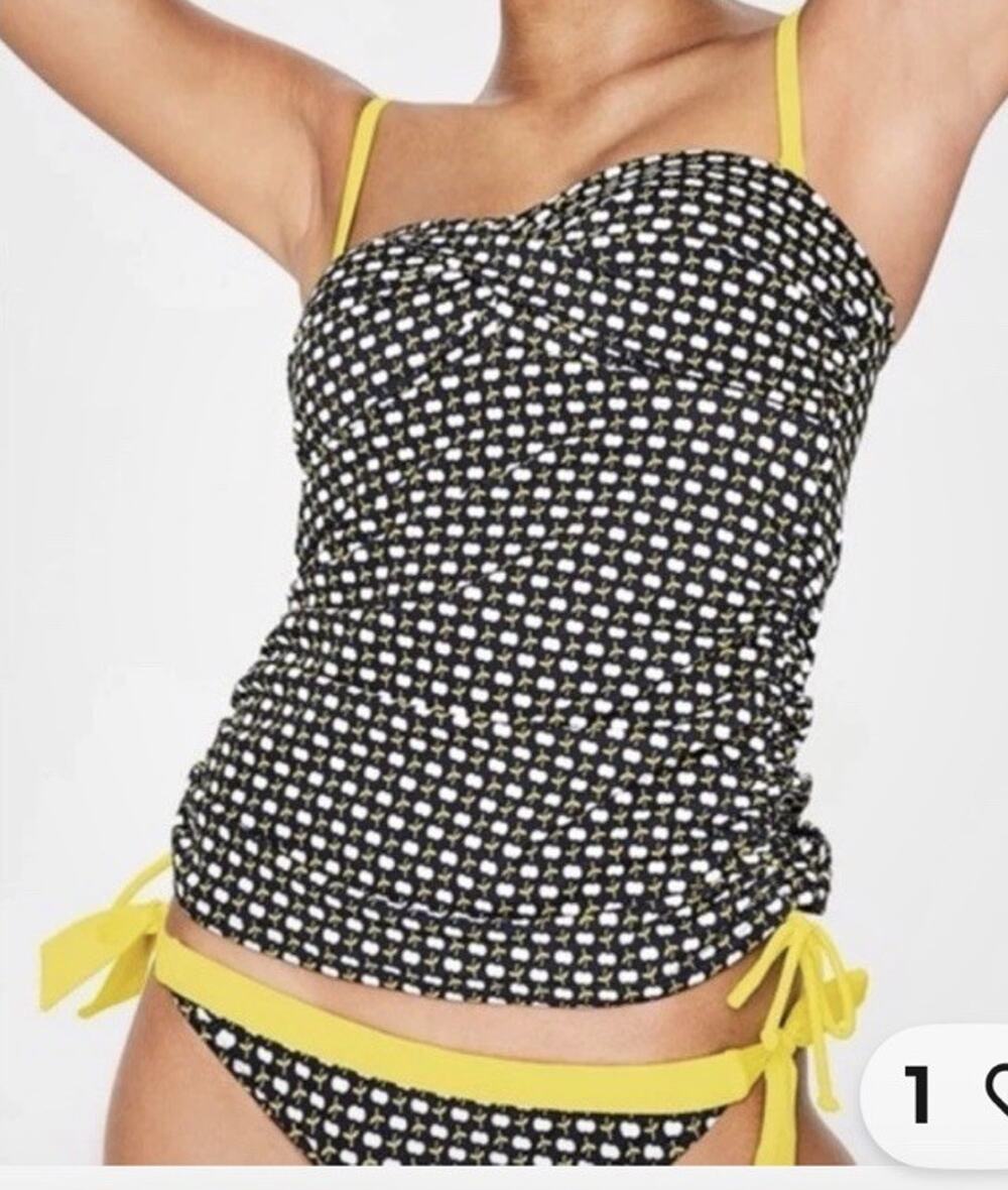 BODEN Womens 12 Tankini Swimwear Top Only Ruched Sides Yellow Apples Black